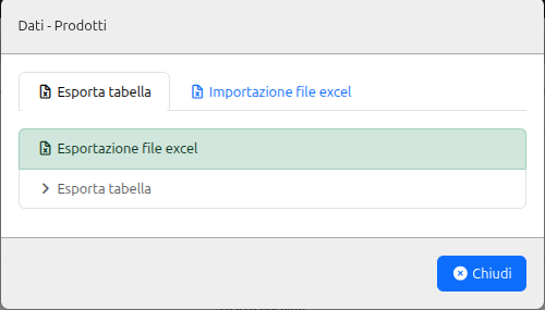 Finestra Dati - Prodotti con le schede Esporta tabella e Importazione file excel