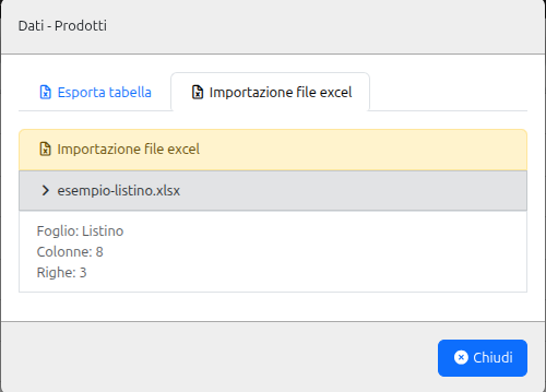 File caricato con il foglio Listino rilevato, 8 colonne e 3 righe