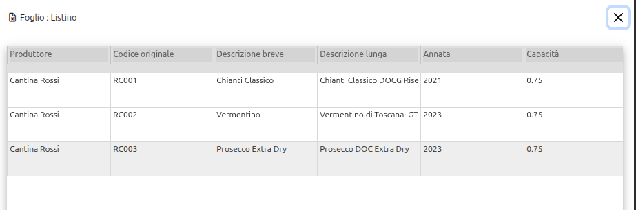 Pannello di anteprima del foglio Excel con le tre righe di prodotto