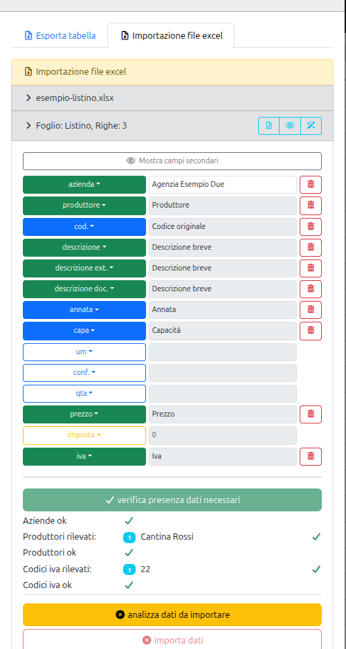 Risultato della verifica con tutti i controlli verdi: aziende, produttori e codici iva ok