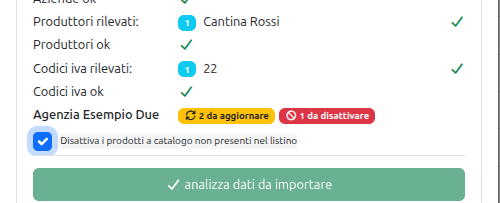 Riepilogo con 2 prodotti da aggiornare, 1 da disattivare e la checkbox spuntata